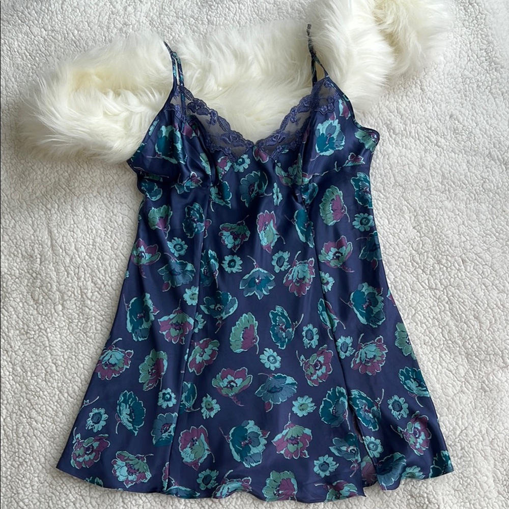 Victoria's Secret Vintage Satiny Floral Chemise in Blue & Green
